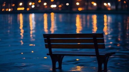 Aufkleber - Serene Park Bench by Water Reflected in Soft Evening Lights Creating a Tranquil Scene : Generative AI