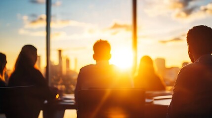 Fototapete - Silhouetted business team gathered around a table during a breathtaking sunset meeting : Generative AI
