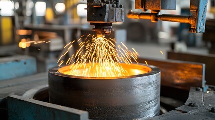 Leinwandbilder - A photo showcasing the industrial process of molten metal being shaped by centrifugal force into hollow pipes within a factory setting