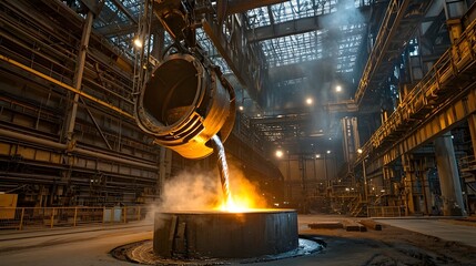 Leinwandbilder - A photograph depicting the intense industrial process of pouring molten iron from a large crucible into a mold generating billowing clouds of steam and a brilliant display of light and heat