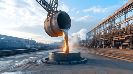Poster - A photograph depicting the process of molten iron being poured from a large industrial crucible into a mold with steam rising in the industrial factory setting  The scene showcases the intense heat