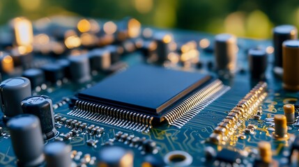 Fototapete - Close Up of Electronic Circuit Board with Microchip and Components : Generative AI