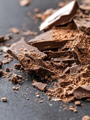 Poster - Close up of finely chopped dark chocolate pieces scattered on a dark surface : Generative AI