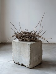 Leinwandbilder - Artistic depiction of a rustic twig nest resting on a textured concrete pedestal in a minimalist setting : Generative AI