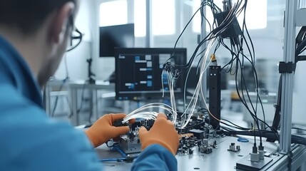 Leinwandbilder - Close up Detailed View of Fiber Optic Cable Being Spliced Together in Industrial Technical Workplace or Laboratory Setting  Concept of Communication Infrastructure Network Connectivity