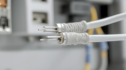 Leinwandbilder - Close up detailed view of an insulated spade terminal connector being crimped or pressed onto the end of an electrical wire for a secure and reliable connection