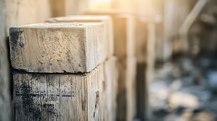 Poster - Closeup of rustic wooden blocks arranged in a line with a warm sunlight glow creating an inviting atmosphere : Generative AI