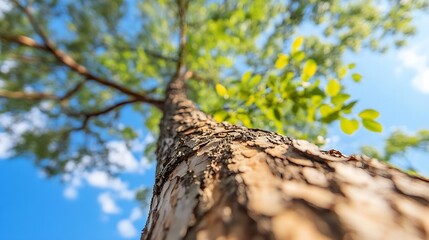 Aufkleber - Beautiful upward view of a tall tree with a clear blue sky and vibrant green leaves : Generative AI