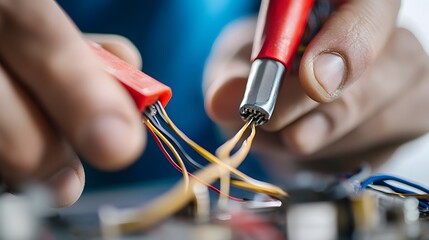 Aufkleber - Close up shot of a person s hands meticulously soldering two electrical wires together using a soldering iron and melted solder