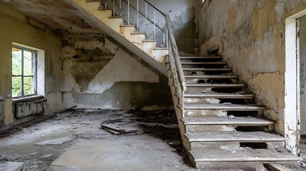 Aufkleber - Interior of Abandoned House with Decaying Structure and Stairs Representing Forgotten Spaces : Generative AI