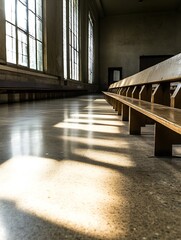 Aufkleber - Elegant sunlit interior with wooden benches and large windows creating a serene atmosphere : Generative AI