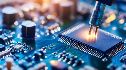 Leinwandbilder - Technological process of soldering a microchip on a circuit board representing complexity : Generative AI