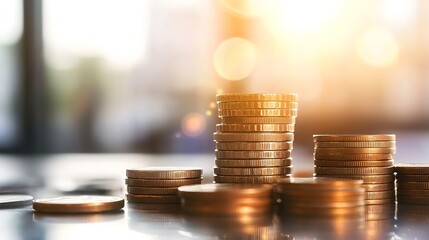 Poster - Stunning close up of shiny stacked coins illuminated by warm sunlight reflecting on a smooth surface : Generative AI