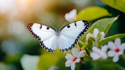 Poster - Colorful butterfly resting delicately on vibrant flowers illuminated by warm sunlight in a lush garden : Generative AI
