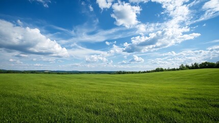 Wall Mural - Vibrant Green Meadow Under a Dramatic Blue Sky with Fluffy Clouds : Generative AI