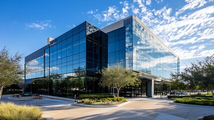 Aufkleber - Sleek Modern Office Building Surrounded by Green Landscaping and Bright Blue Sky : Generative AI