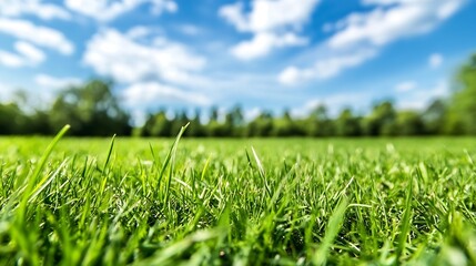 Poster - Vibrant Green Grass Under Bright Blue Sky with Fluffy White Clouds in the Background : Generative AI