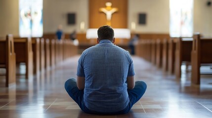 Aufkleber - Person Sitting in Contemplation Inside a Beautifully Lit Church with Soft Focus Background : Generative AI