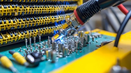Leinwandbilder - Close up view of a technician soldering a coaxial cable connector onto an electronic circuit board