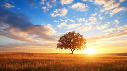 Wall Mural - A solitary tree silhouetted against a stunning sunset view casting warm golden hues across a tranquil field : Generative AI