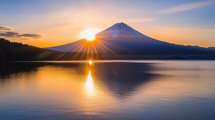 Wall Mural - Breathtaking View of Mount Fuji at Sunset with Stunning Reflections on Calm Waters : Generative AI