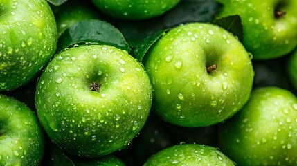 Poster - Fresh green apples glistening with water droplets depicting nature's bounty and crispness : Generative AI