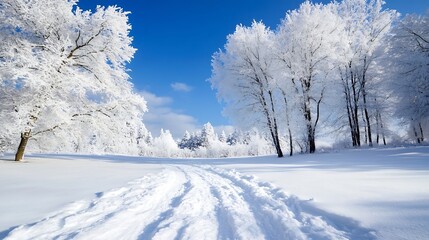 Aufkleber - Beautiful Winter Wonderland with Snowy Landscape and Trees against a Bright Blue Sky : Generative AI