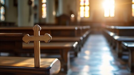 Aufkleber - Sunlit Church Interior Featuring Wooden Cross on Bench in Peaceful Atmosphere : Generative AI
