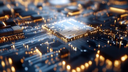 Aufkleber - Futuristic circuit board with luminescent lights highlighting microchips and connections : Generative AI
