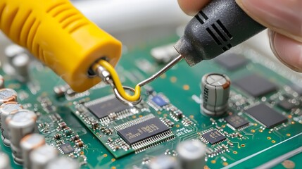 Leinwandbilder - closeup of a person s hand carefully soldering a power cable to a circuit board using a soldering ir