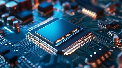 Poster - Close Up of a Modern Microchip on a Circuit Board with Bright Lights and Details for Technology Visuals : Generative AI