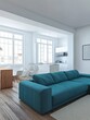 © Johannes - Open deign of modern apartment with turquoise couch in the living room and workspace against white wall