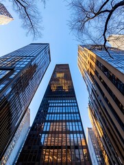 Wall Mural - Stunning low angle view of towering urban skyscrapers against a clear blue sky in a bustling city : Generative AI