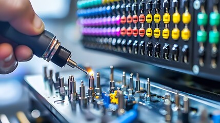 Leinwandbilder - Closeup View of Soldering Process for Connecting a Coaxial Cable Connector on an Electronic Circuit Board Highlighting the Precision and Expertise Required for Electrical Wiring and Hardware Assembly