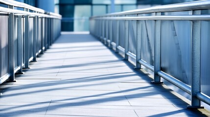 Aufkleber - Modern walkway with railings casting shadows in the sunlight for urban exploration or architectural photography : Generative AI