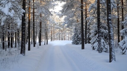 Aufkleber - Winter wonderland path with snow covered trees along a serene deserted road in peaceful woods : Generative AI