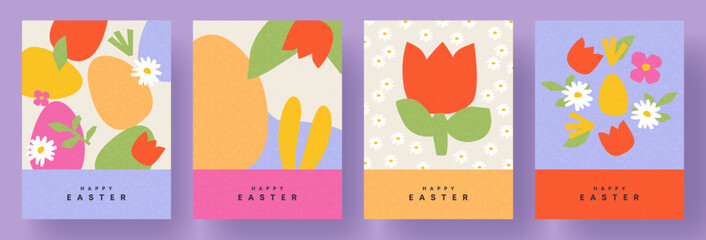 Wall Mural - happy easter set of cute greeting card, poster, holiday cover or web banner. trendy design with typo