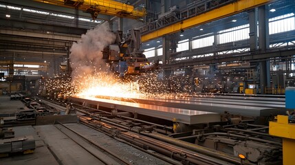 Leinwandbilder - Continuous casting process of molten steel being poured and formed into industrial steel slabs within a large manufacturing plant or factory setting