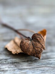 Poster - Close Up of a Heart Shaped Dry Leaf on a Wooden Surface with Natural Textures : Generative AI