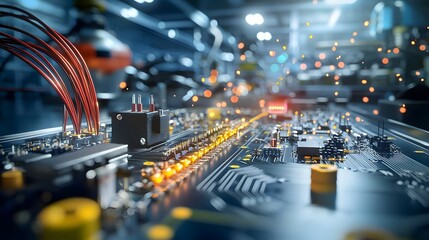 Fototapete - Detailed close up photograph showcasing a breadboard with various electronic components connected by jumper wires