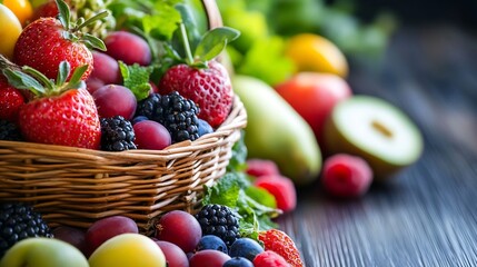 Poster - Assorted Fresh Fruits in a Basket Surrounded by Greenery on a Wooden Table : Generative AI