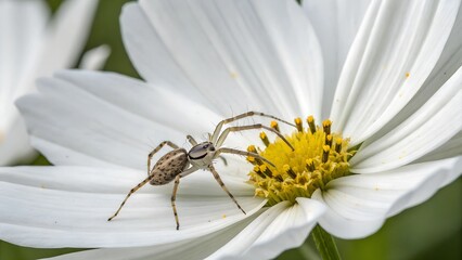 Wall Mural - spider on cosmos flower: a close-up shot of a spider delicately perched on the petals of a pristine 