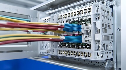 Leinwandbilder - Detailed view of inserting wires into a quick connect electrical terminal with a plastic housing showing the process of wiring and connecting components in an industrial or technological setting