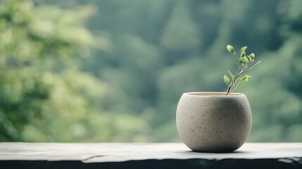 Aufkleber - A small potted plant with vibrant green leaves resting on a natural stone surface in a serene setting : Generative AI