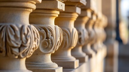 Aufkleber - Intricate details of a historical stone balustrade showcasing classic architecture in warm sunlight : Generative AI
