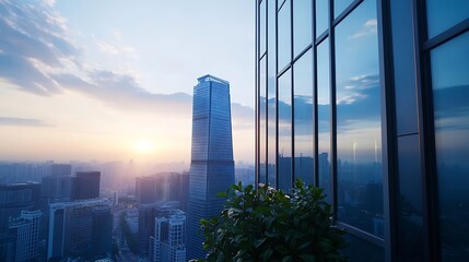 Wall Mural - Modern city skyline at sunset with glass buildings and vibrant sky illustrating urban life : Generative AI