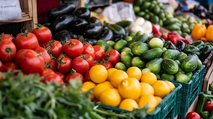Poster - Vibrant market display of fresh vegetables and fruits arranged in colorful baskets : Generative AI