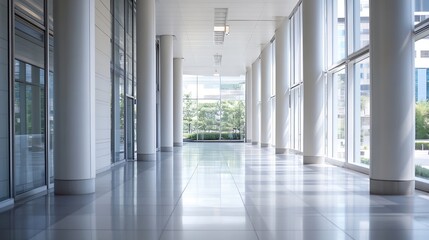 Poster - Modern Indoor Corridor with Bright Natural Light Streaming Through Glass Walls and Strategic Architecture : Generative AI