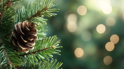 Poster - Beautiful Christmas Pinecone on Evergreen Branch with Soft Blurred Bokeh Background : Generative AI