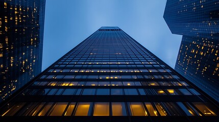 Wall Mural - Impressive upward view of modern skyscrapers with glowing windows against a dusky blue sky : Generative AI